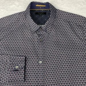 Ted Baker Dress Shirt Men's (4) Medium-Large Blue/Burgundy Geometric Slim Fit